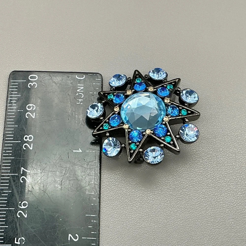 Liz Claiborne Brooch Womens Blue Starburst Rhinestone Gunmetal Fashion Jewelry